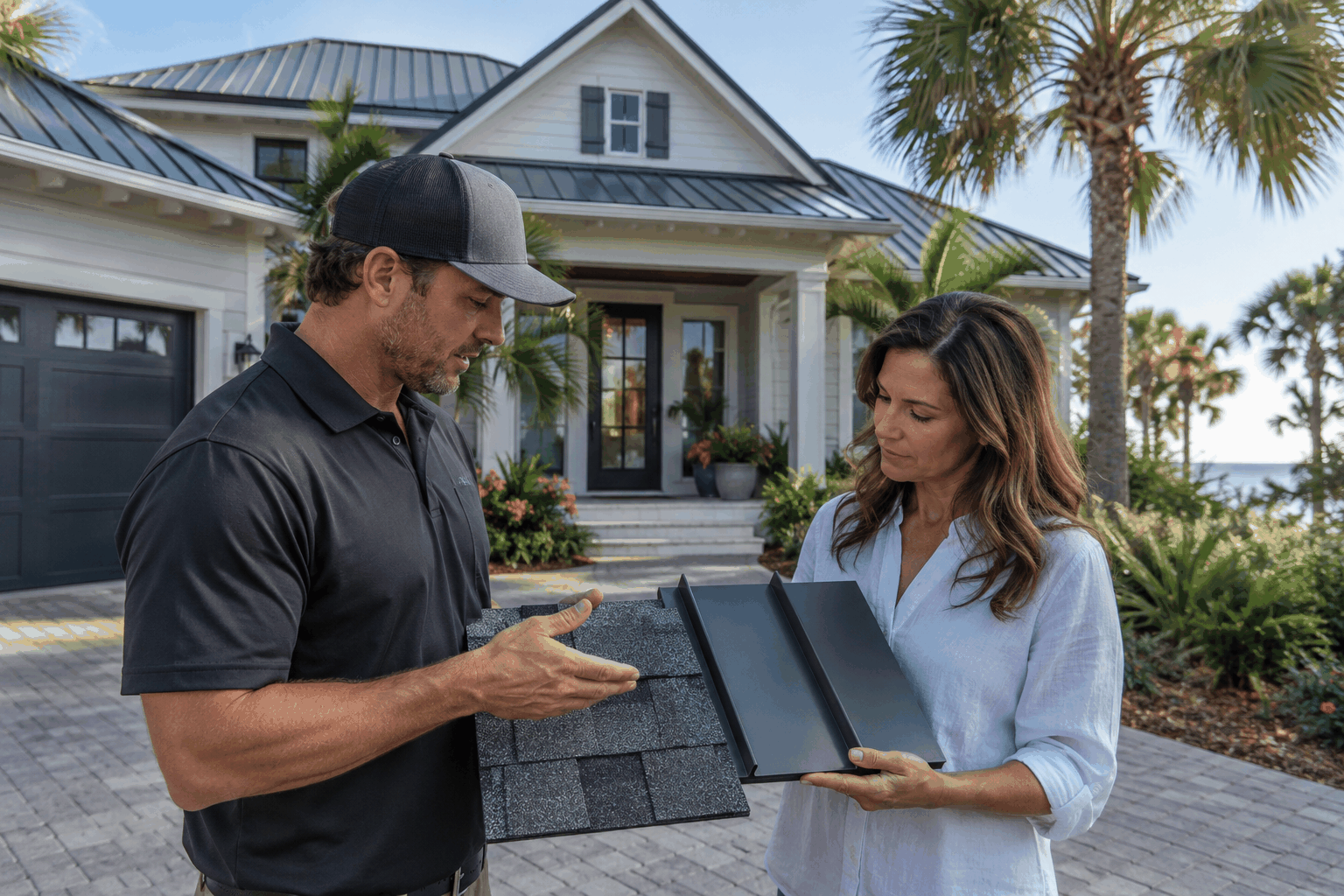 Roofing professional discussing a Florida home roof with a homeowner