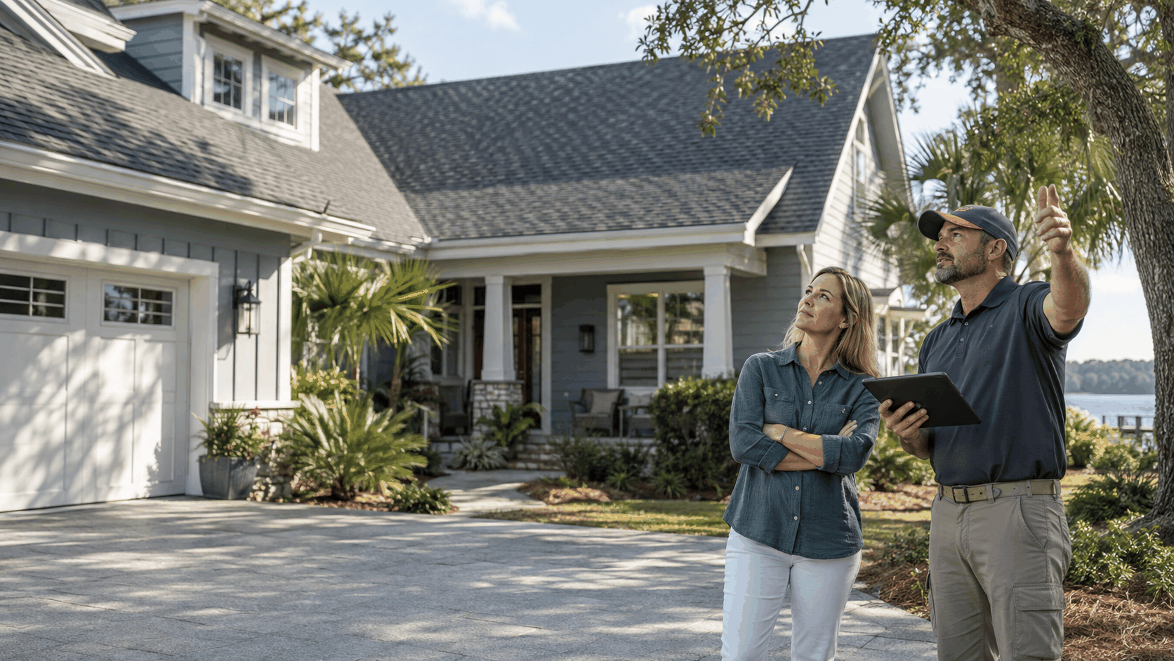 Homeowner reviewing roof details with a Northwest Florida roofing professional